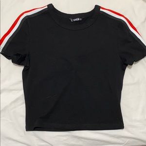 shein black shirt with red and white stripes